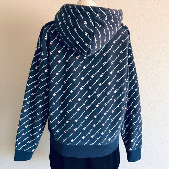 Champion All-Over Diagonal Logo Reverse Weave Hoody Sweatshirt Mens Size XL  EUC - Picture 2 of 11